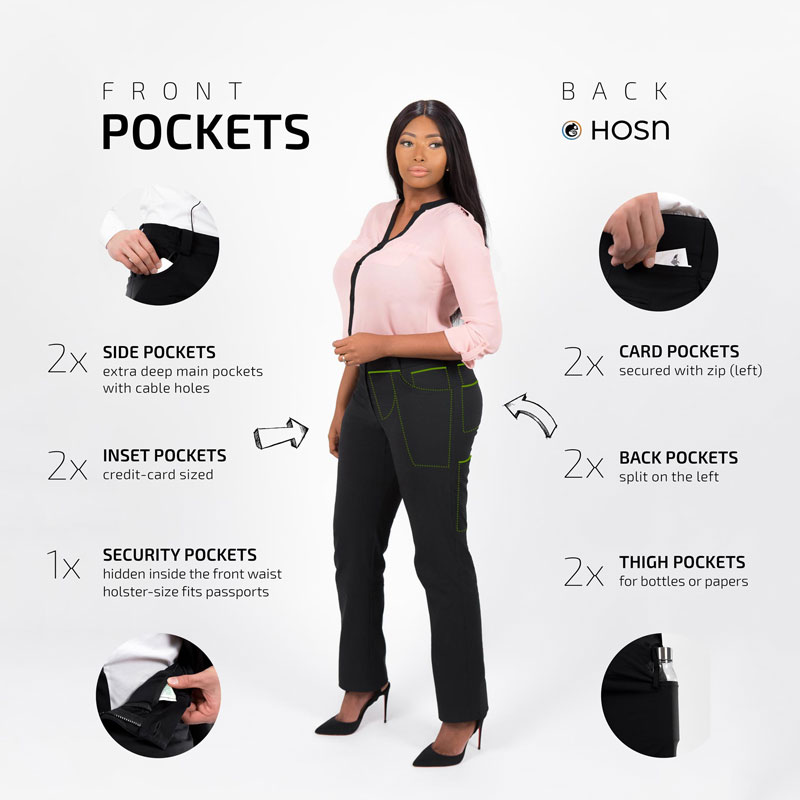 Woman wearing black suit trousers with pocket descriptions of functional stretchy trousers: watch pocket, side pocket, inset pocket, business card pocket, bottle pocket, secret pocket, hidden pocket, thigh pocket.